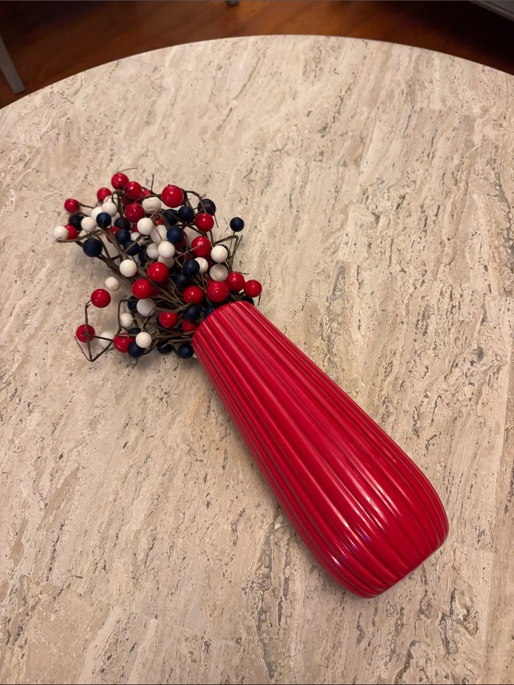 Red Ribbed Vase with Patriotic Red, White & Navy Berry Stems
